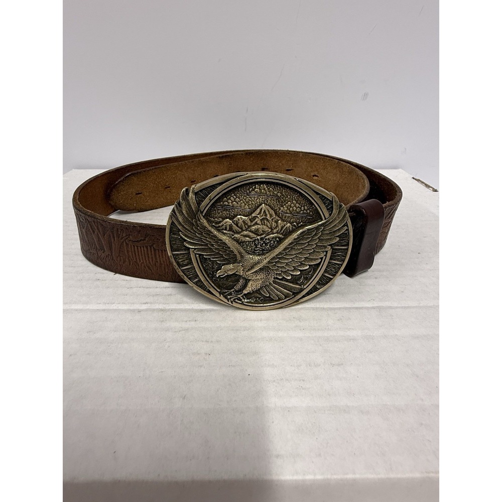 Vintage Solid Brass Eagle Belt Buckle ADM Award Design Medals 40" Leather Belt - Picture 3 of 15